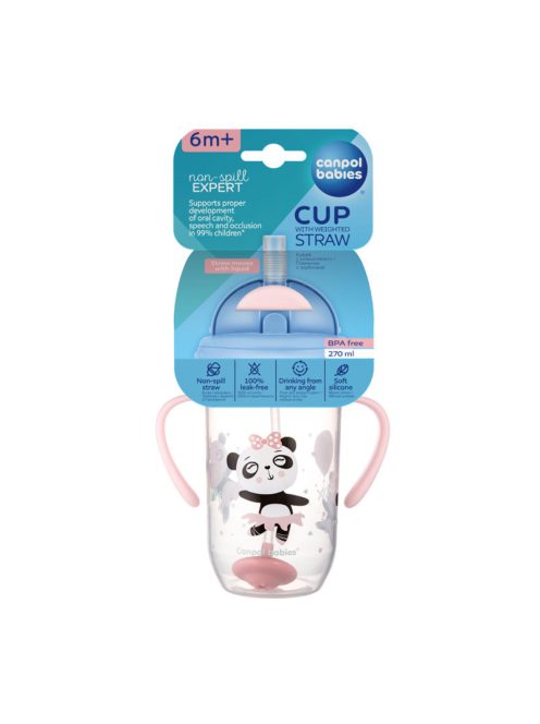 Canpol babies Súlyozott szívószálas cseppmentes itatópohár, 270ml, 6hó+, EXOTIC ANIMALS - pink
