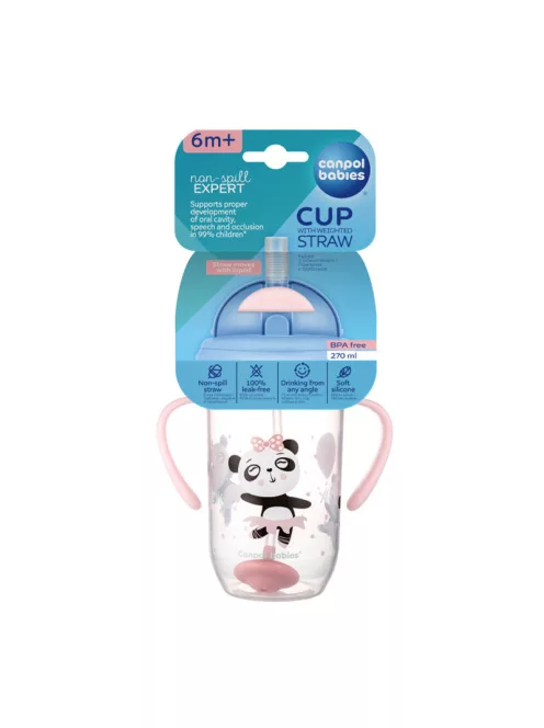 Canpol babies Súlyozott szívószálas cseppmentes itatópohár, 270ml, 6hó+, EXOTIC ANIMALS - pink
