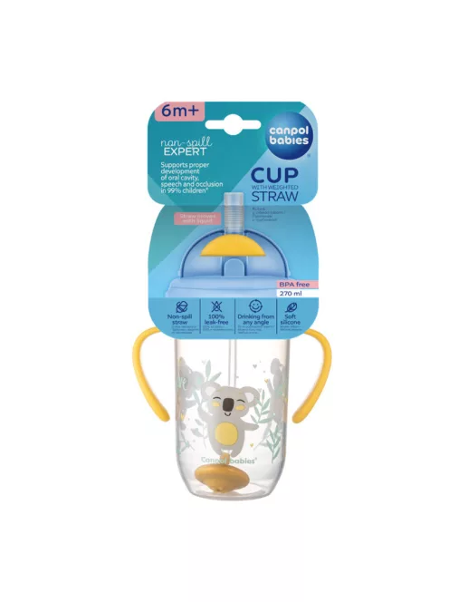 Canpol babies Súlyozott szívószálas cseppmentes itatópohár, 270ml, 6hó+, EXOTIC ANIMALS - sárga