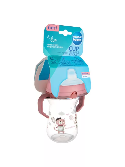 Canpol babies Itatópohár szilikonos ivócsőrrel, FirstCup, 250 ml, Bonjour Paris - rózsaszín