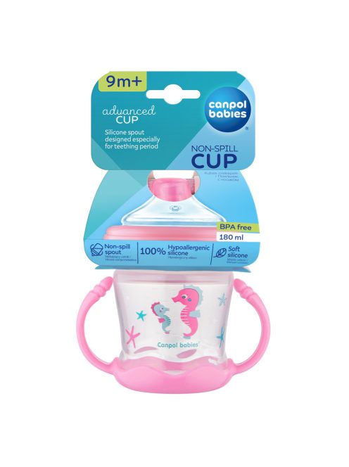 Canpol babies Cseppmentes itatópohár szilikon kifolyóval, 180 ml, LOVE&SEA, rózsaszín