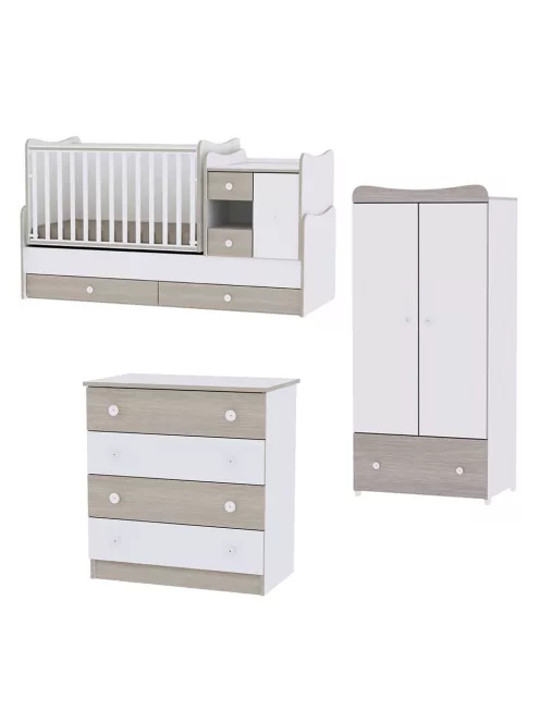 Lorelli MiniMax kombi ágy 72x190 + Komód + Exclusive szekrény - White & Amber