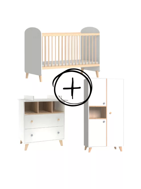 Faktum Colette Fehér 120x60-as babaágy - fehér+komód+toldalék+2 osztású szekrény (7 doboz)