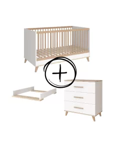   Faktum FLIP White  White & Oak átalakítható 140-es babaágy - fehér +komód+toldalék (5 doboz)