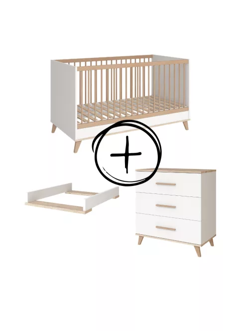 Faktum FLIP White  White & Oak átalakítható 140-es babaágy - fehér +komód+toldalék (5 doboz)