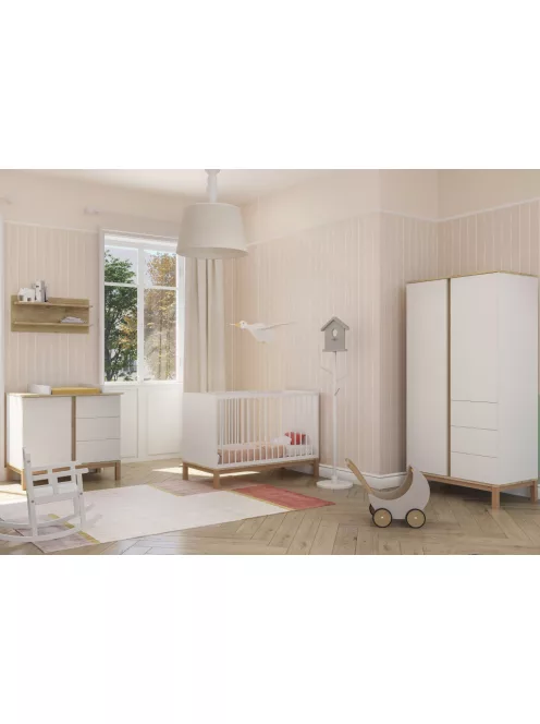 Faktum Loop White&Oak Átalakítható 140-es babaágy  - fehér+komód+toldalék+2 osztású szekrény  (8 doboz)