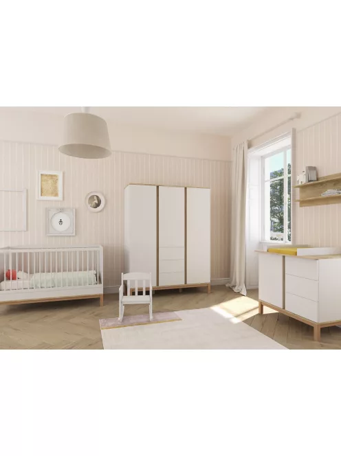 Faktum Loop White&Oak 120-as babaágy - fehér+komód+toldalék+3 osztású szekrény (9 doboz)