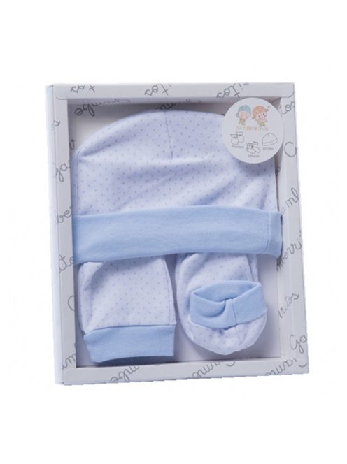 Gamberritos kiegészítő szett újszülötteknek 3 részes (sapka, kesztyű, kiscipő) pöttyös - kék