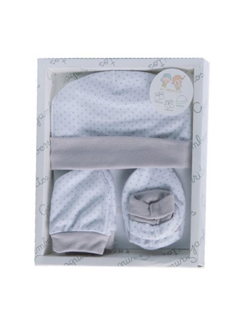 Gamberritos kiegészítő szett újszülötteknek 3 részes (sapka, kesztyű, kiscipő) pöttyös - szürke
