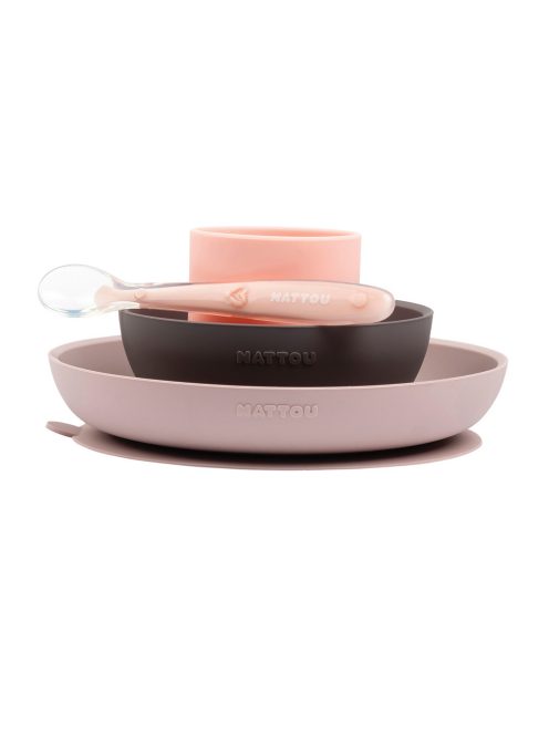 Nattou szilikon étkészlet 4 részes pohárral - pink-padlizsán