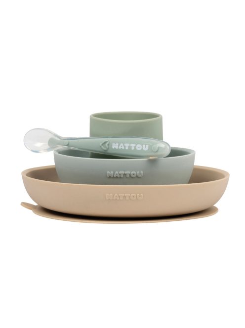 Nattou szilikon étkészlet 4 részes pohárral - homok-zöld