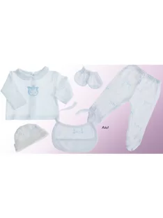   Gamberritos Kiegészítő szett újszülötteknek 5 részes (sapka, kesztyű, nadrág, póló, előke) - kék 10911