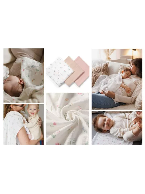 BabyOno Textilpelenka színes 3db gyűrt muszlin - puderrózsaszín 828/01