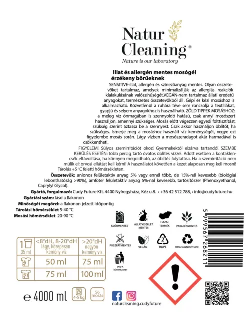 NaturCleaning Sensitive mosógél 4 liter - Illat,- és allergénmentes