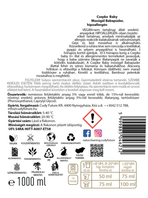 Csepke baby mosógél babapúder hipoallergén 1 liter