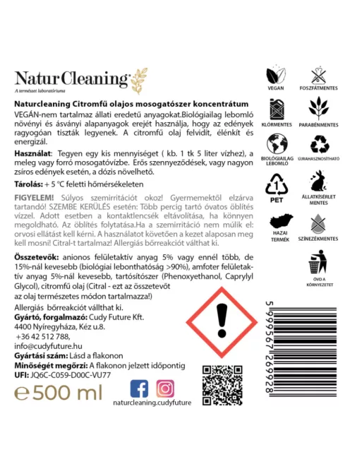 NaturCleaning Mosogatószer koncentrátum 500ml pumpás - citromfű olajos