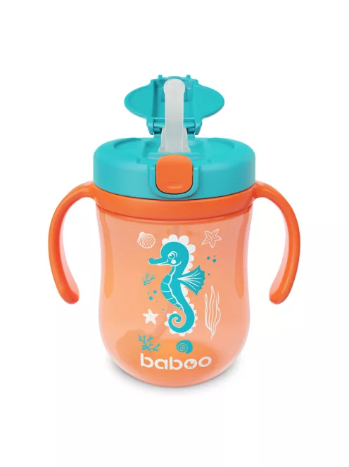 Baboo Súlyozott szívószálas itatópohár (szilikon szívószállal) 300 ml Sea Life 9+ hónapos kortól - narancssárga
