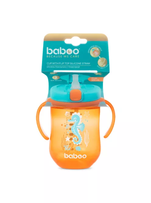 Baboo Súlyozott szívószálas itatópohár (szilikon szívószállal) 300 ml Sea Life 9+ hónapos kortól - narancssárga