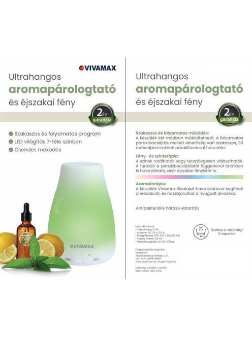 Vivamax Ultrahangos illóolaj párologtató és éjszakai fény